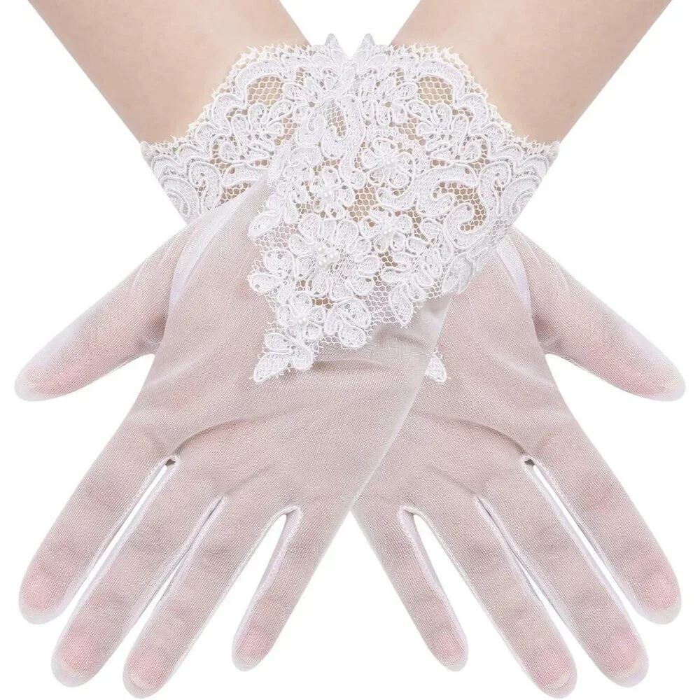 Women's Lvory 09 Floral Short Length Lace Tulle Mesh Wrist Wedding Party Gloves